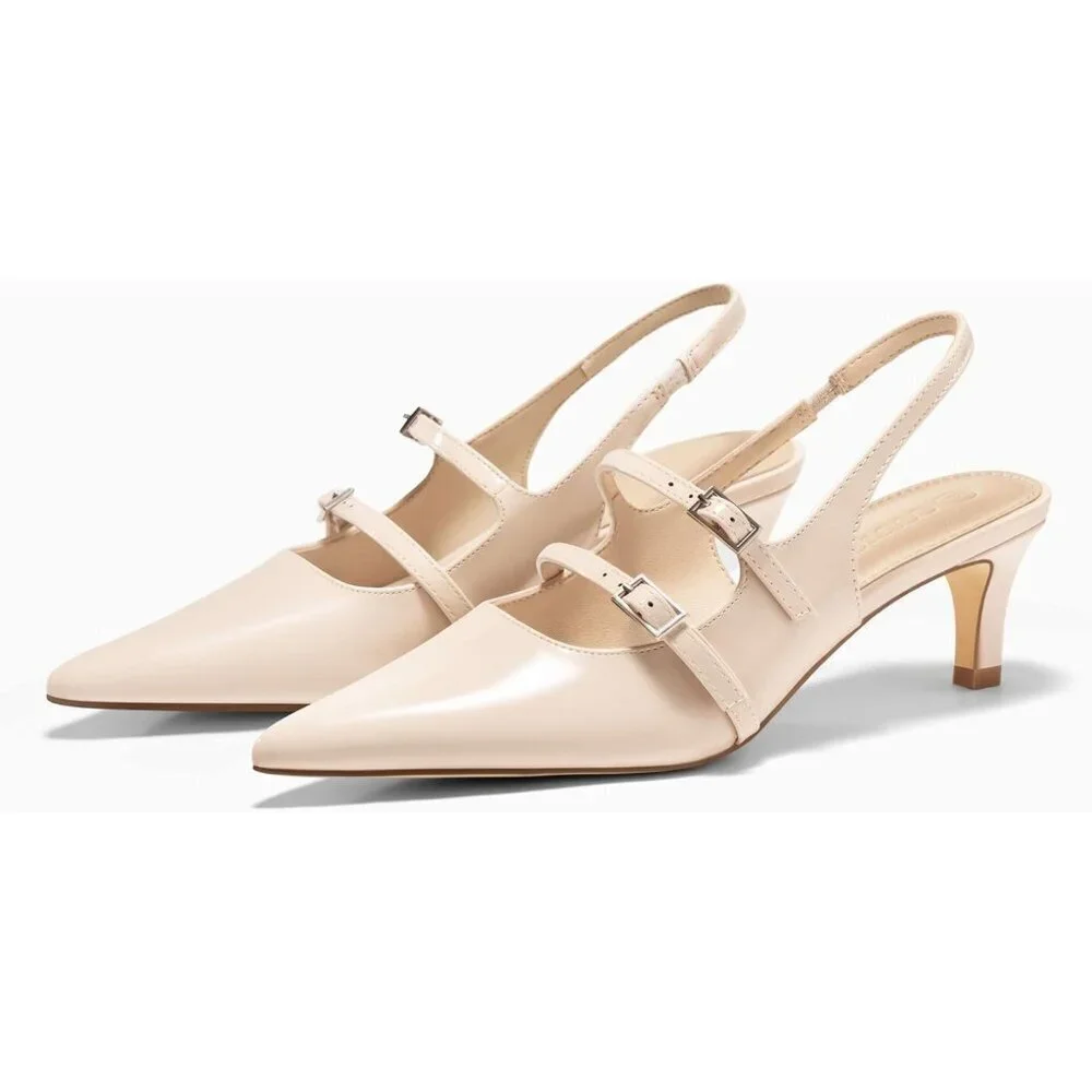 Women's Slingbak Ktiten Pumpe Closed  Pointed Toe Heels Wedding Dress Shoe Beige